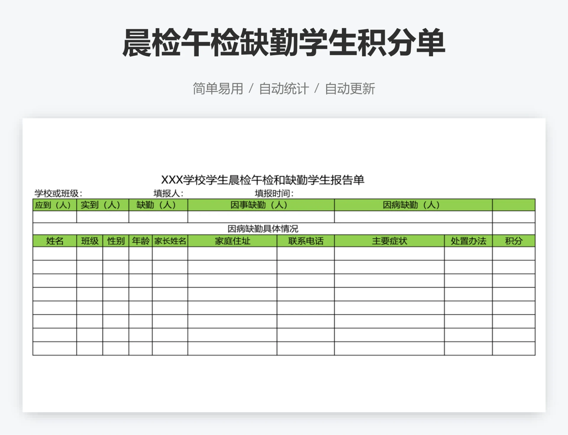 晨检午检缺勤学生积分单