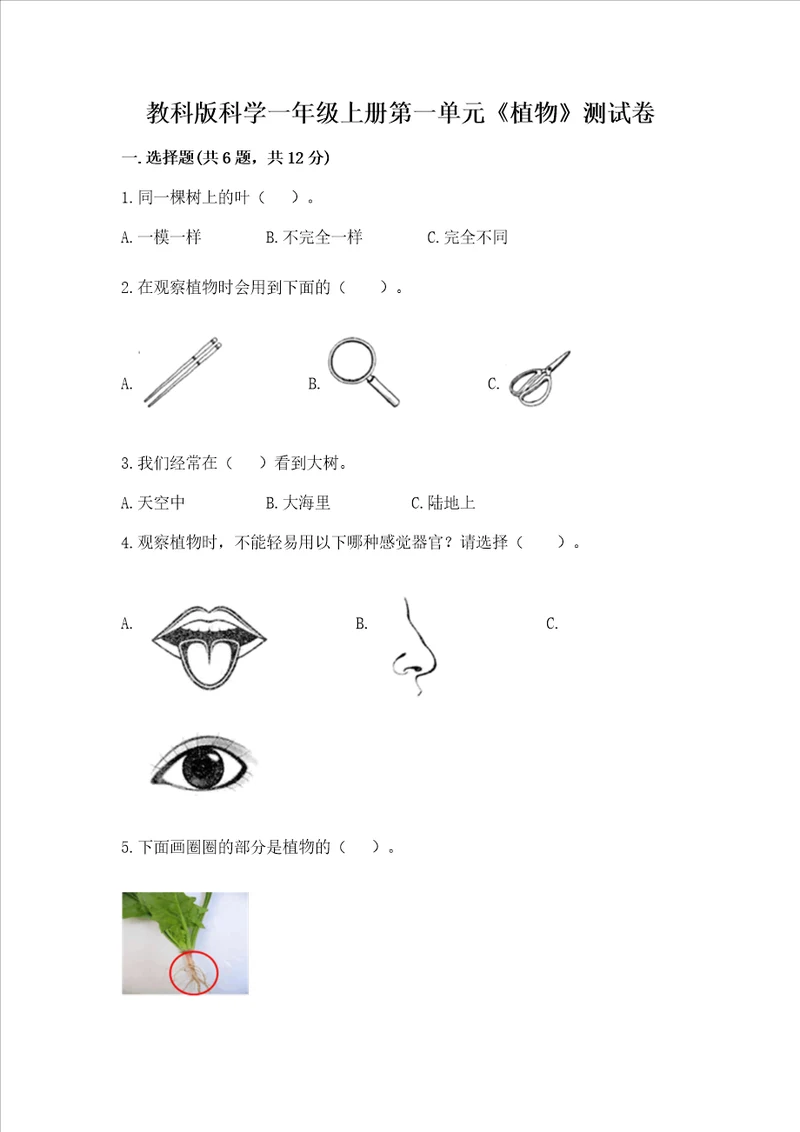 教科版科学一年级上册第一单元植物测试卷附答案名师推荐