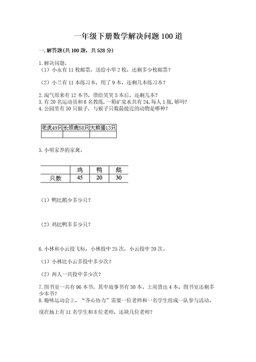 一年级下册数学解决问题100道及参考答案能力提升