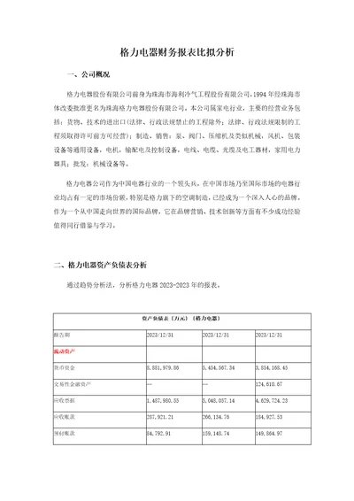 精选格力电器财务报表比较分析