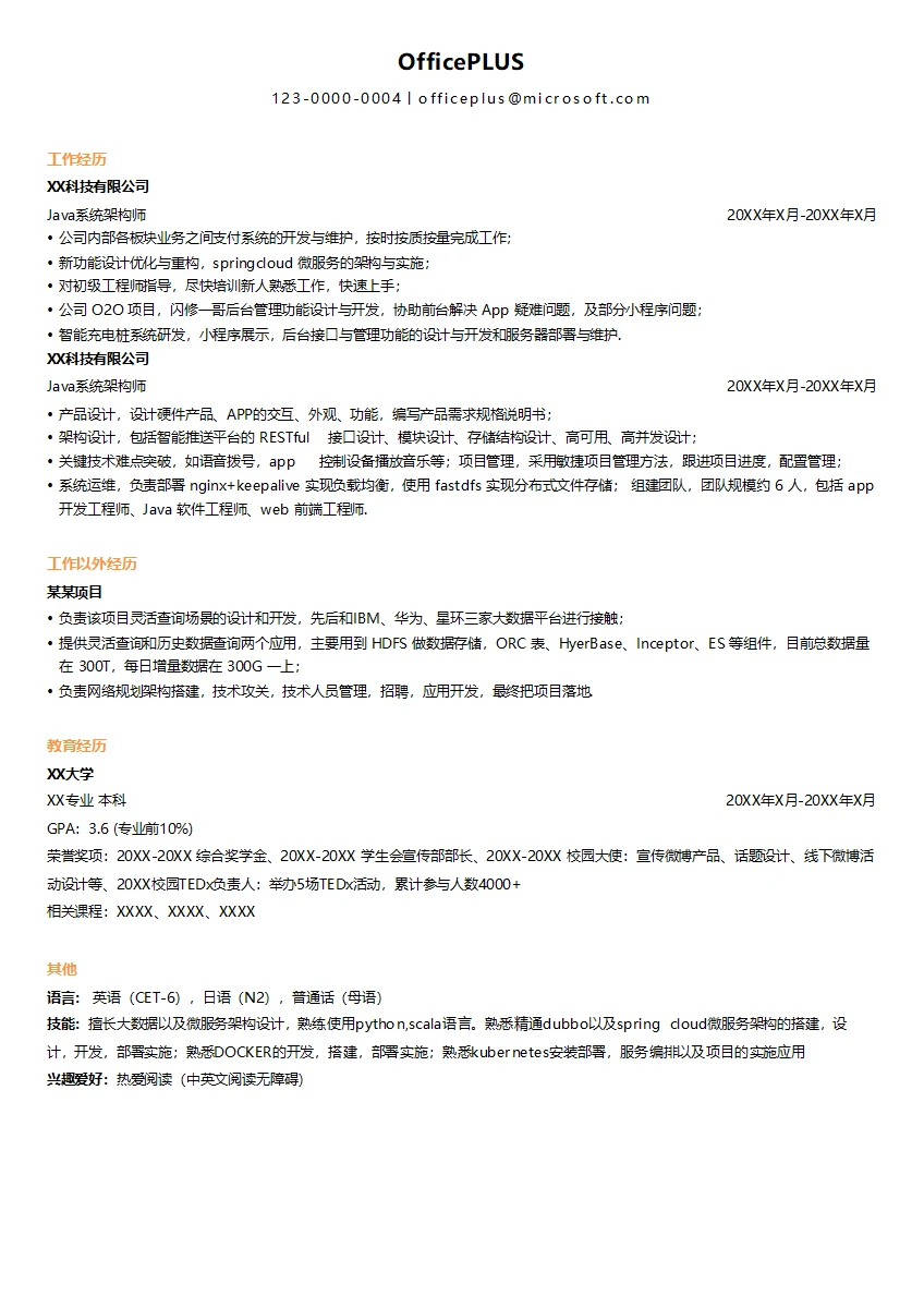 Java系统架构师个人简历模板
