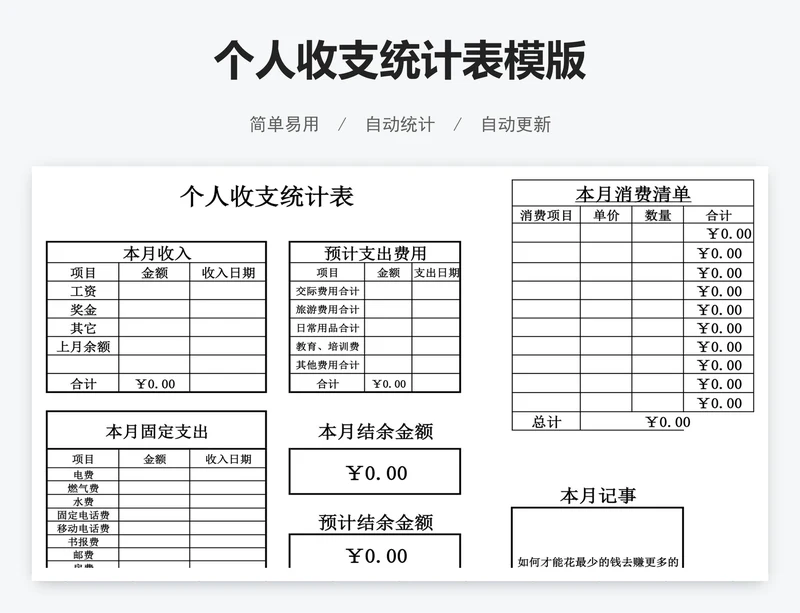 个人收支统计表模版