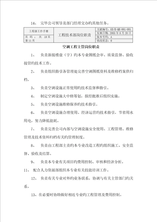 物业公司工程技术部岗位职责
