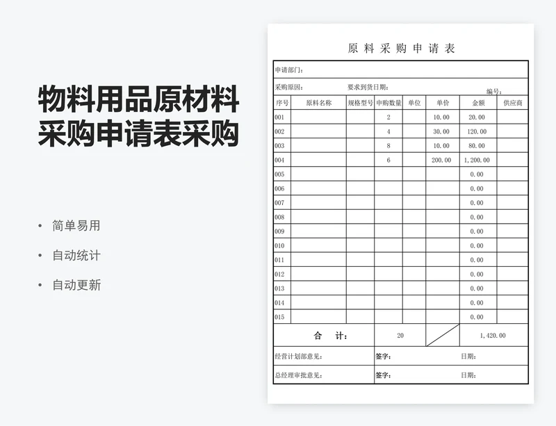 物料用品原材料采购申请表采购单审批单
