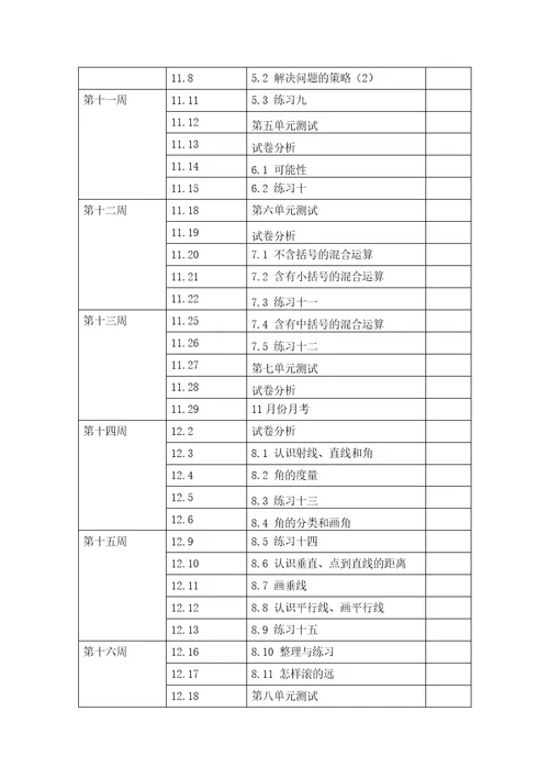 苏教版小学数学四年级上册教学计划进度表