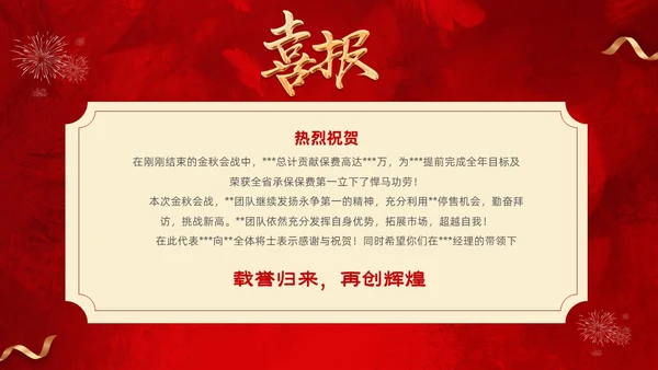 红色喜庆简约企业销售喜报战报捷报PPT