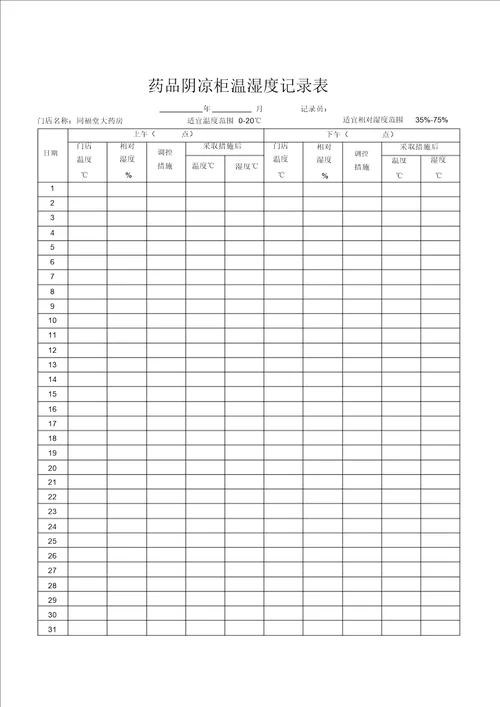 药品阴凉柜温湿度记录表