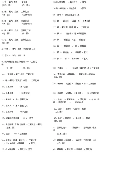 初中所有化学文字表达式