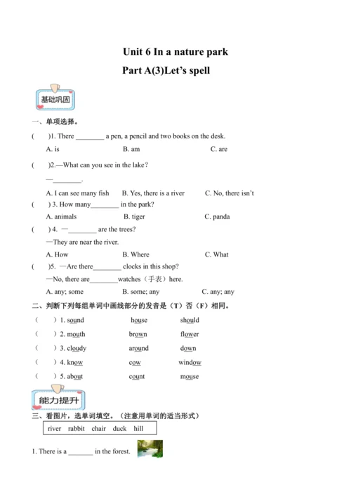 2024人教PEP版五年级英语上册Unit6 PartA第三课时分层作业设计（含答案）