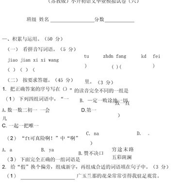 (苏教版)小升初语文毕业模拟试卷(六)