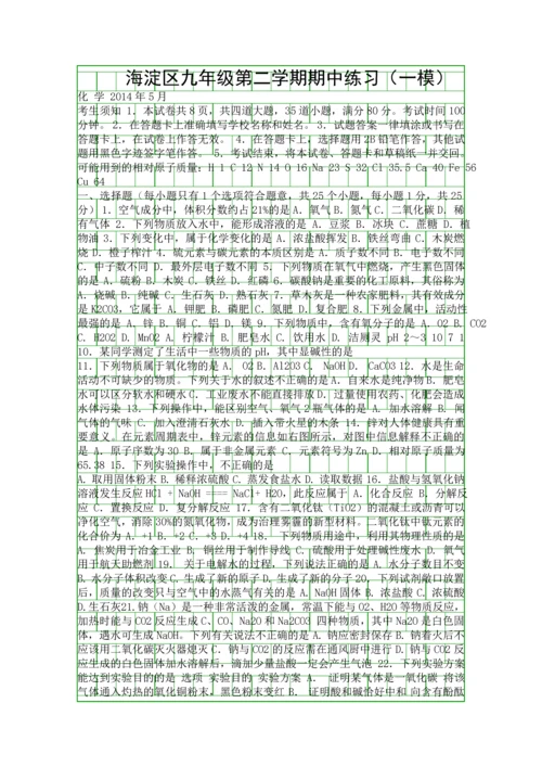 2014海淀区初三化学一模试题附答案.docx