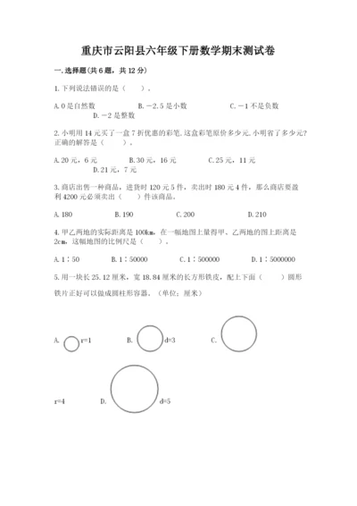 重庆市云阳县六年级下册数学期末测试卷及一套参考答案.docx