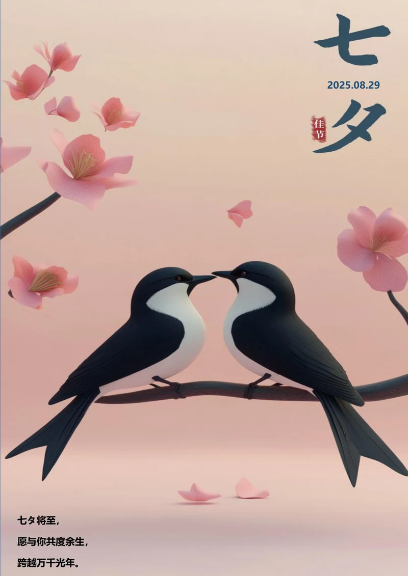 3d风格喜鹊七夕海报