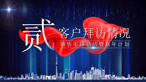 蓝色科技风实景建筑飘带启航新征程年终总结PPT模板