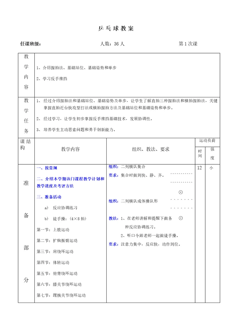 乒乓球教案样稿