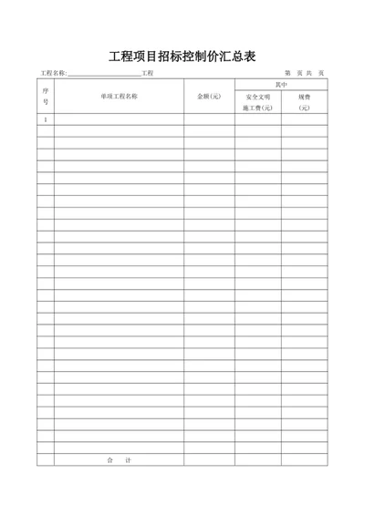 工程项目招标控制价汇总表
