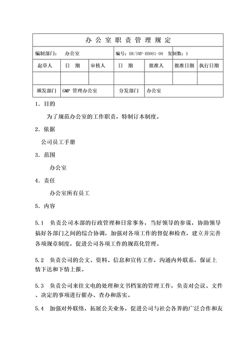 医药企业GMP各岗位职责办公室人员职