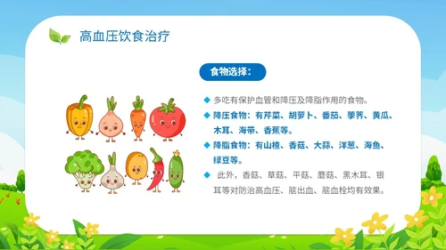 清新插画展板医疗社区高血压患者的饮食管理培训课件模板