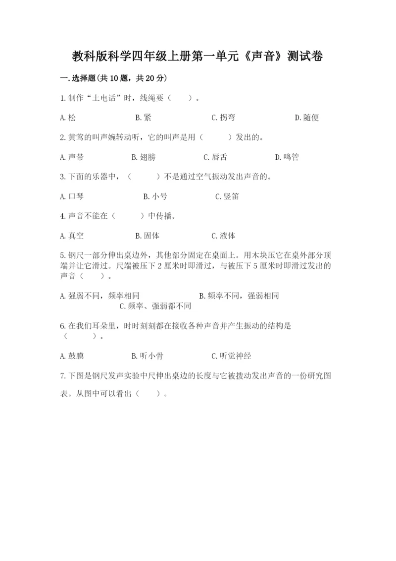 教科版科学四年级上册第一单元《声音》测试卷含答案（研优卷）.docx