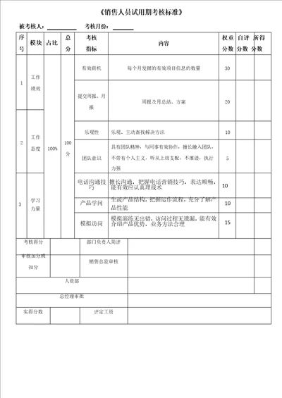 销售试用期绩效考核表