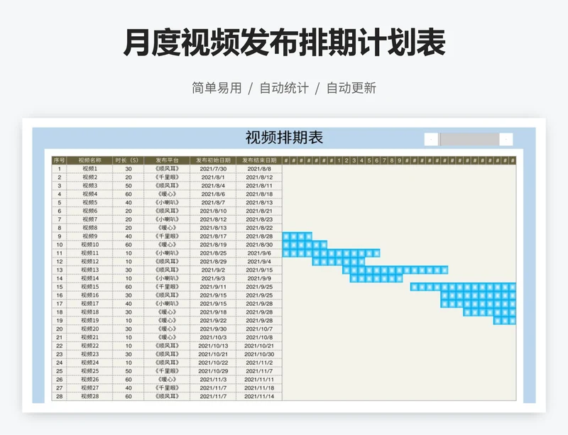 月度视频发布排期计划表