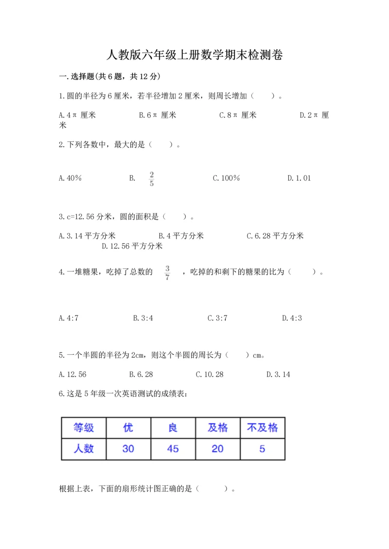 人教版六年级上册数学期末检测卷及答案（精选题）.docx