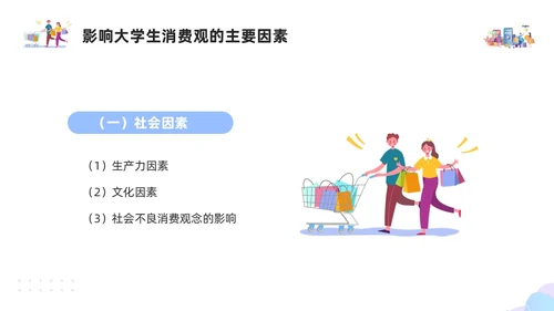 紫色简约插画大学生消费观PPT模板建设节约型社会培养正确消费