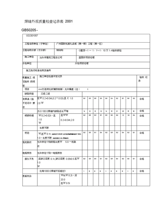 焊缝外观质量检查记录表