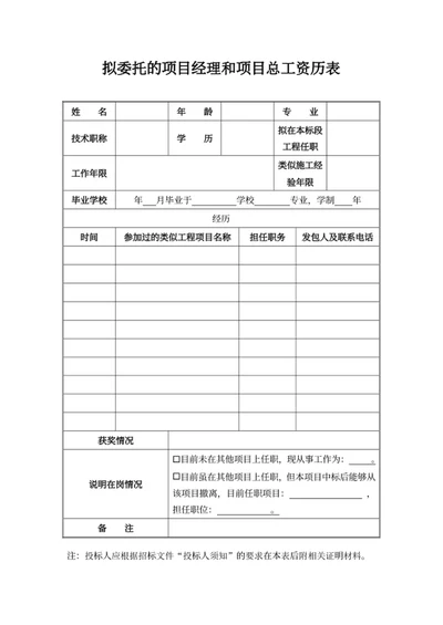 拟委托的项目经理和项目总工资历表