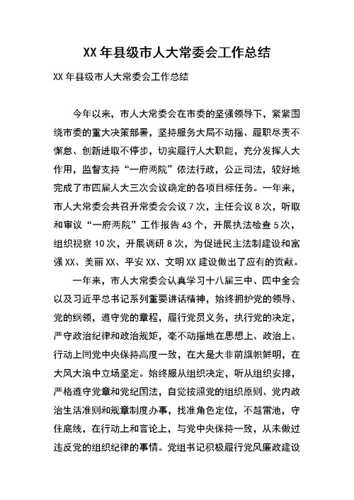 XX年县级市人大常委会工作总结
