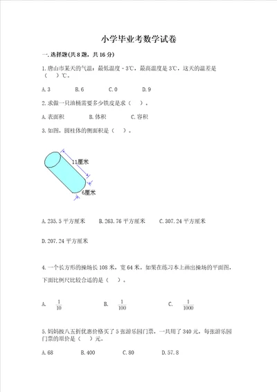 小学毕业考数学试卷名师系列