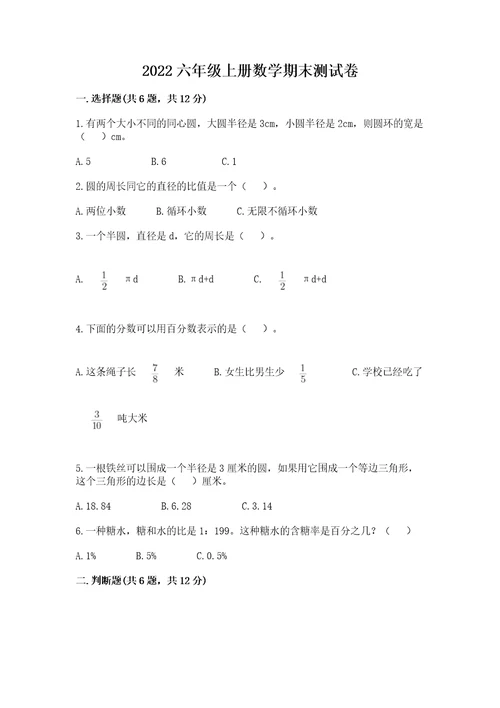 2022六年级上册数学期末测试卷附完整答案（精选题）