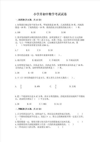 小学升初中数学考试试卷【名师推荐】
