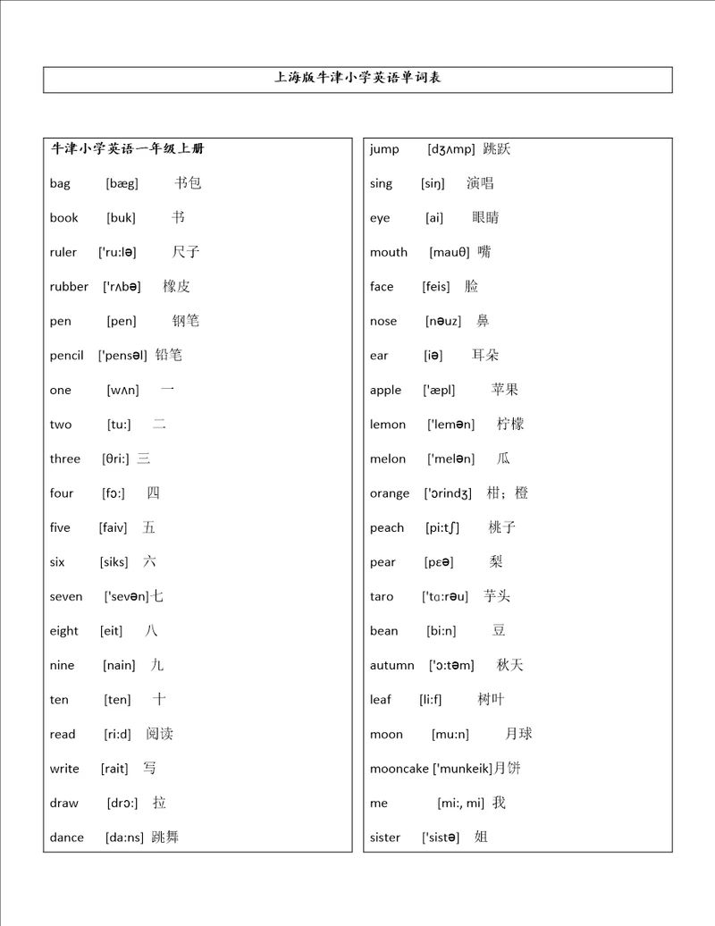 上海版牛津小学英语词汇表带音标