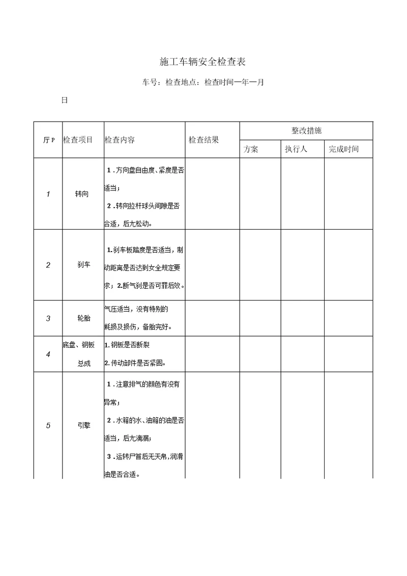 施工车辆安全检查表