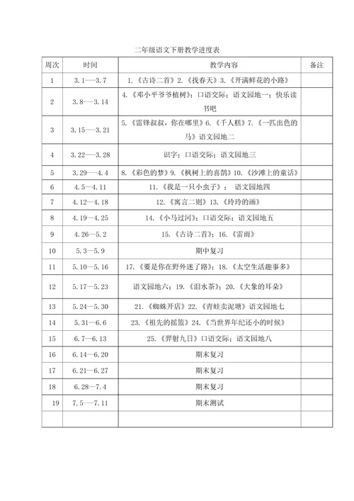 2021年部编版小学二年级下册语文教学工作计划及进度安排表