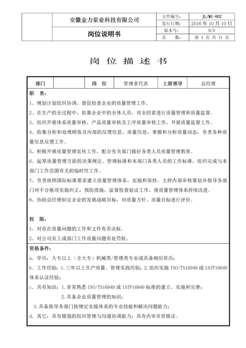 金力泵业科技有限公司岗位说明书.docx