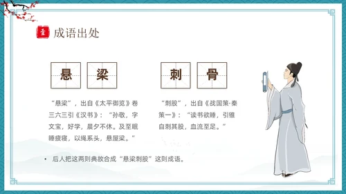 绿色古风卡通儿童中国成语故事悬梁刺股故事介绍PPT