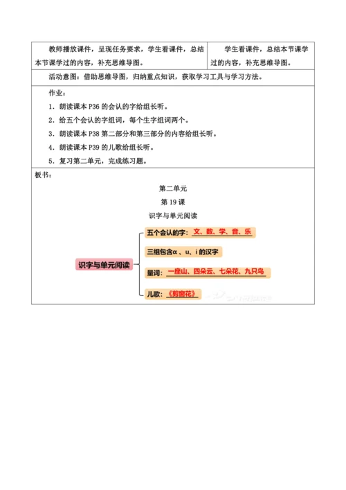 部编1A 第2单元 第19课 识字与单元阅读 教学设计