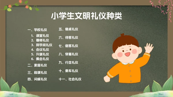 绿色卡通黑板文明礼仪主题教育PPT模板