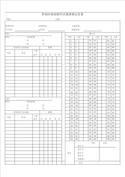 篮球比赛计分表word版