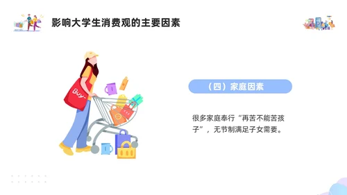 紫色简约插画大学生消费观PPT模板建设节约型社会培养正确消费