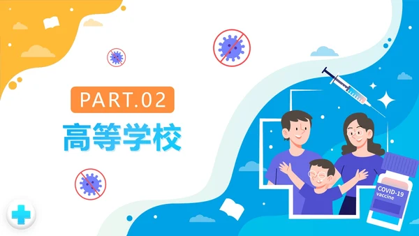 黄蓝拼色卡通校园疫情防控防疫PPT模板