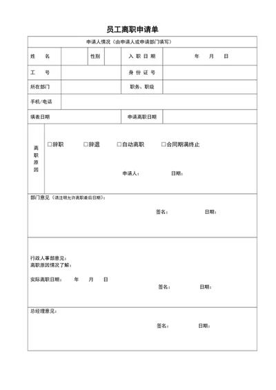 员工离职申请单离职表员工离职表word表格