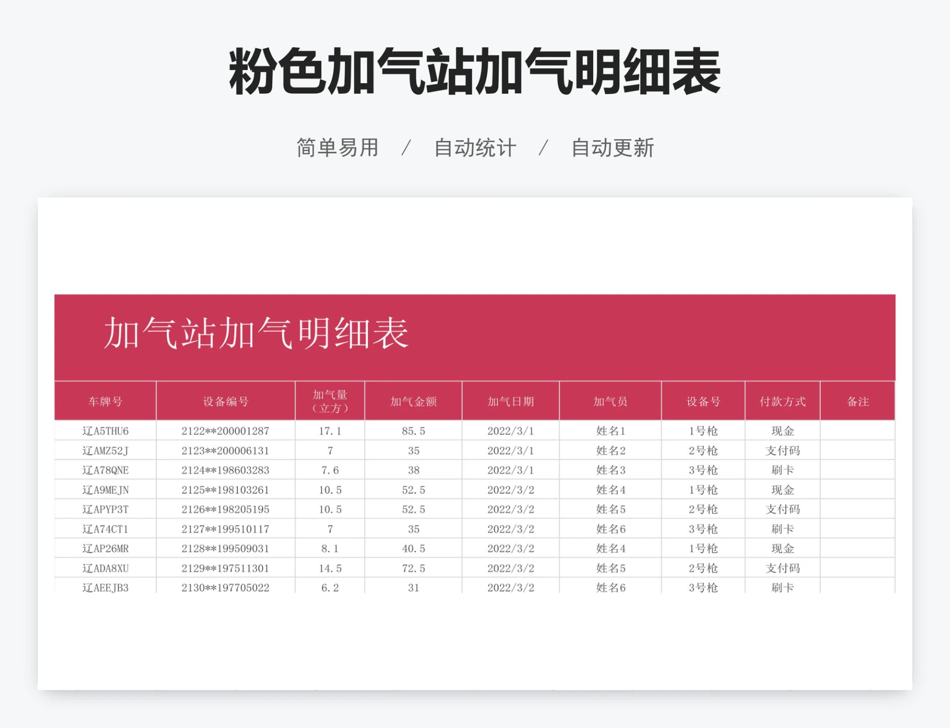 粉色加气站加气明细表