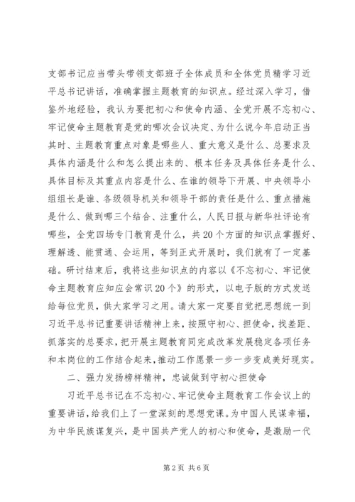 党支部学习“不忘初心、牢记使命”主题教育工作会议精神研讨讲话.docx