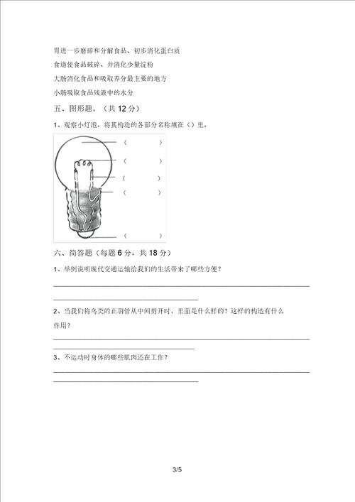 2021年四年级科学上册期中测试卷及答案