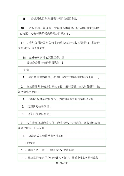 财务主办会计岗位的职责说明岗位职责