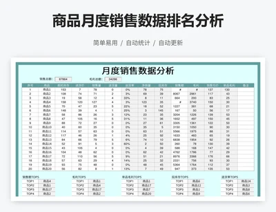 商品月度销售数据排名分析