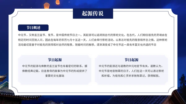 深蓝色中国风中元节介绍PPT模板
